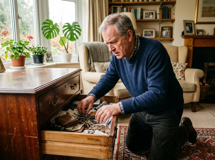 Man die thuis zijn verloren sleutels zoekt onder de kussens van de bank