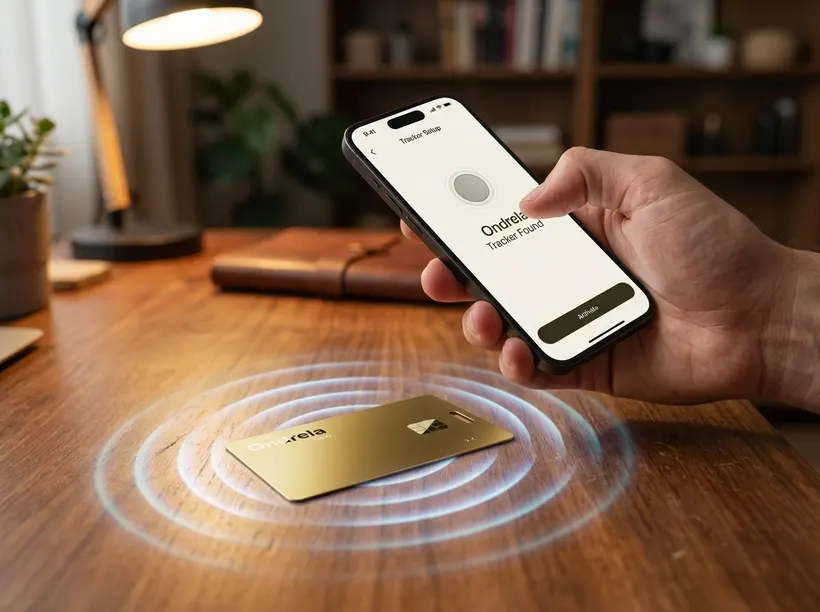 Hand die een telefoon vasthoudt die de Ondrela-kaart koppelt op een bureau