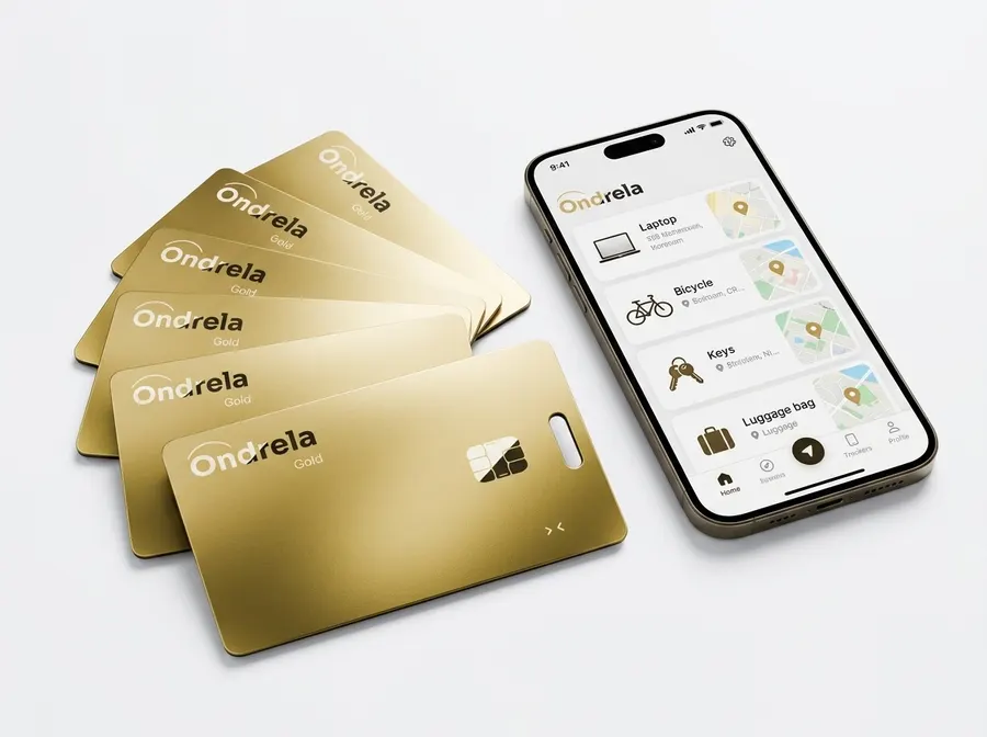 Pakket gouden Ondrela trackerkaarten naast een telefoon die de zoek-app toont
