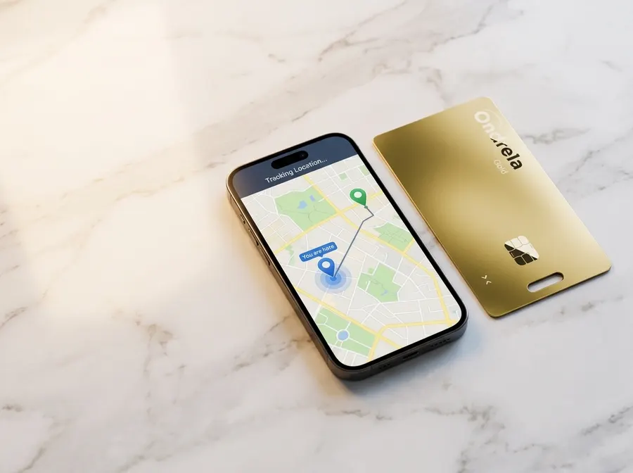 Gouden Ondrela trackerkaart naast een telefoon die de locatie op een kaart toont