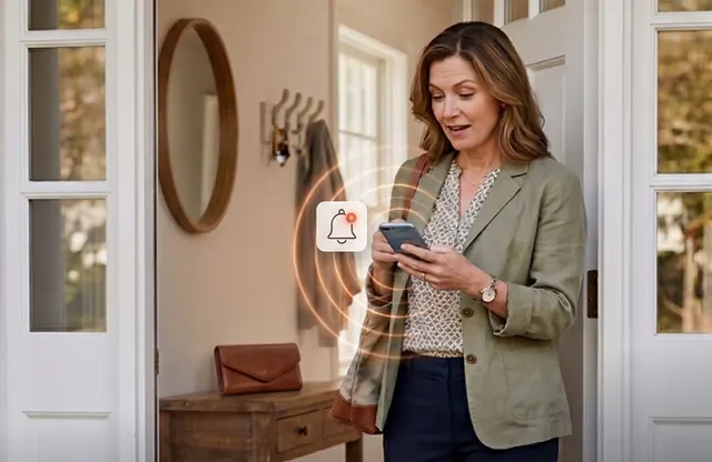 Vrouw bij haar voordeur die een achterlaatmelding op haar telefoon ontvangt